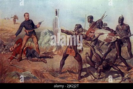 Il tenente Teignmouth Melrill e il tenente Nevill Josiah Aylmer Coghill attaccarono i guerrieri di Zulu. Entrambi furono uccisi cercando di salvare il colore della Regina del Battaglione del 1st alla battaglia di Isandlwana il 22 gennaio 1879. Foto Stock