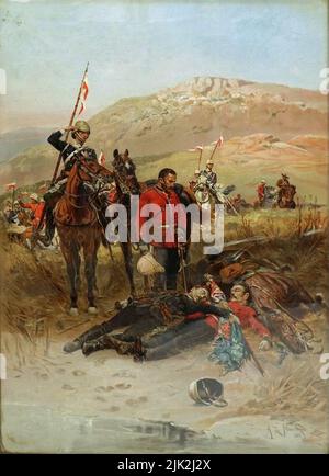 L'ultimo sonno del Brave, di Alphonse de Neuville. Il tenente Teignmouth Melrill e il tenente Nevill Josiah Aylmer Coghill furono entrambi uccisi cercando di salvare il colore della regina del Battaglione del 1st nella battaglia di Isandlwana il 22 gennaio 1879. Foto Stock