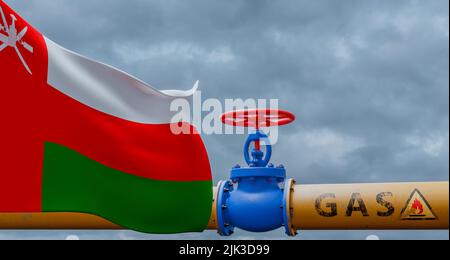 Oman gas, valvola sul gasdotto principale Oman, gasdotto con bandiera Oman, tubi di gas da Oman, 3D Work e 3D Image Foto Stock