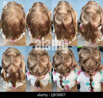 Bambini hairstyle tutorial passo per passo. Ponytail a bolle basse con elastici. I capelli colorati si legano ai capelli biondi della bambina. Capelli trendy con treccia a bolla Foto Stock