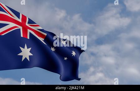 Bandiera nazionale Australia, bandiera Australia, bandiera tessuto Australia, sfondo cielo blu con bandiera Australia, opera 3D e immagine 3D Foto Stock