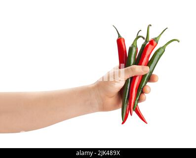 peperoncino in mano sentiero isolato su bianco Foto Stock