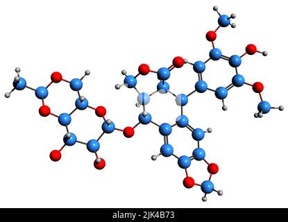 3D immagine di formula scheletrica di epipodophylotossine - struttura chimica molecolare di farmaco antitumorale isolato su sfondo bianco Foto Stock