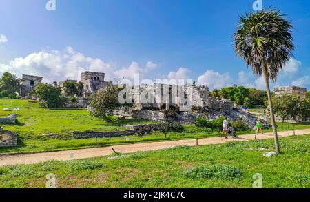 Tulum Messico 22. Giugno 2022 antiche rovine di Tulum sito Maya con le rovine del tempio piramidi e manufatti nella foresta tropicale naturale giungla palma e mari Foto Stock