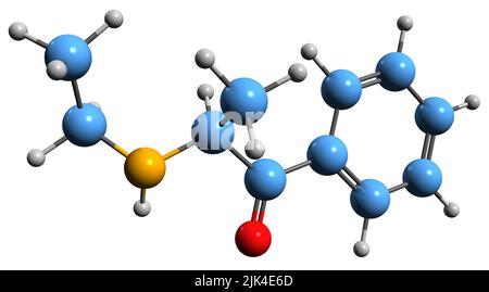 3D immagine della formula scheletrica di etcatinone - struttura chimica molecolare del farmaco stimolante 2-etilamminopropiofenone isolato su sfondo bianco Foto Stock