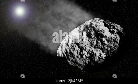 L'asteroide viaggia nello spazio esterno sullo sfondo di migliaia di stelle. Astronomia, scienza, concetti di fantasia Foto Stock