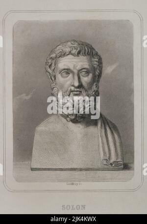 Solon (ca. 640 a.C. - ca. 558 A.C.). Legislatore ateniano, statista e poeta, uno dei sette saggi della Grecia. Verticale. Incisione di Geoffroy. "Historia Universal", di César Cantú. Volume I. 1854. Foto Stock