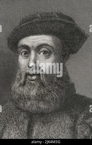 Ferdinand Magellan (1480-1521). esploratore portoghese. Verticale. Incisione di Geoffroy. Dettaglio. "Historia Universal", di César Cantú. Volume IV, 1856. Foto Stock