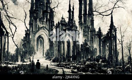 Astratto arte gotica disegno illustrazione scuro umore e ambiente con un profilo grinty e forte vampiri buio chiesa cattedrale Foto Stock