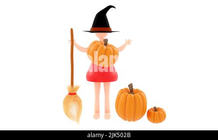 3d rendering. Sfondo di Halloween. Strega cartoon con scopa e zucche nelle vicinanze. 3d illustrazione Foto Stock