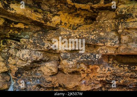 Scogliere di dolomite color giallo-cremoso nella gola di Knaresborough con piani da letto prominenti. Foto Stock