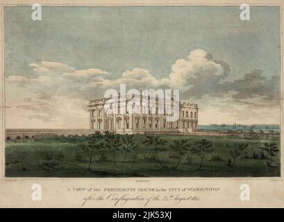 Una vista della Casa dei presidenti - la Casa Bianca - nella città di Washington dopo la conflagrazione del 24th agosto 1814 . La stampa mostra una vista dal nord-est della Casa Bianca, danneggiata dal fuoco, un risultato della Guerra del 1812. Il 24 agosto 1814, il generale britannico Robert Ross guidò le sue truppe a Washington con l'ordine rigoroso di bruciare solo edifici pubblici. Il 25 agosto, un tornado ha attraversato la città, portando piogge torrenziali che hanno abbattuto sia gli incendi che il desiderio britannico di perseguire ulteriori azioni a Washington. George Munger disegno. Foto Stock