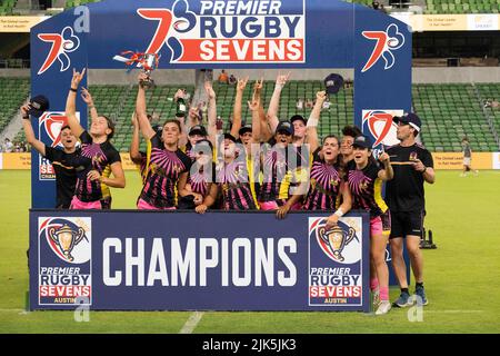 30 luglio 2022: Headliners WomenÕs Rugby squadra prendere la vittoria di campionato allo stadio Q2. Austin, Texas. Mario Cantu/CSM Foto Stock