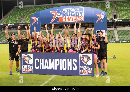 30 luglio 2022: Headliners WomenÕs Rugby squadra prendere la vittoria di campionato allo stadio Q2. Austin, Texas. Mario Cantu/CSM Foto Stock