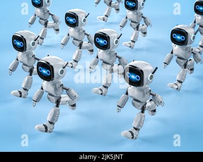 3d rendering gruppo di robot simpatici e piccoli di intelligenza artificiale assistente con cartoon a piedi personaggio Foto Stock