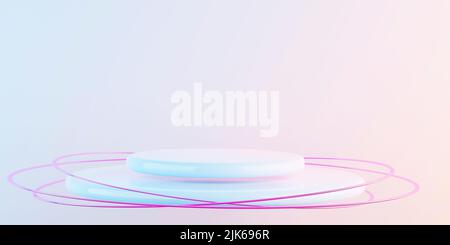 Podio bianco lucido volante rotondo con anelli di vetro rosa su sfondo rosa e blu sfumato. 3d rendering. Foto Stock