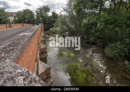 Si affaccia sul ponte Leatherhead fino al fiume che scorre Foto Stock