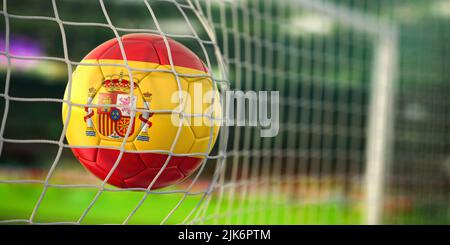 Pallone da calcio con bandiera della Spagna in rete di gol dello stadio di calcio. Campionato di calcio del concetto di Spagna. 3d illustrazione Foto Stock