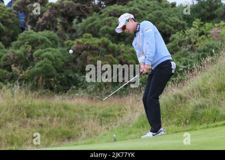 Irvine, Regno Unito. 31st luglio 2022. L'ultimo giorno del Trust Golf Women's Scottish Golf al Dundonald Links Golf Course, Irvine, Ayrshire, Regno Unito, i primi 12 giocatori sono separati da soli 4 colpi. I giocatori stanno giocando per una borsa totale di $2.000.000 e il prestigioso trofeo. Credit: Findlay/Alamy Live News Foto Stock