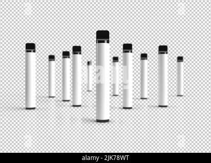 Penna monouso vape stick scena isolato su uno sfondo bianco con etichette bianche per spazio di copia. 3D rappresentazione illustrazione. Foto Stock