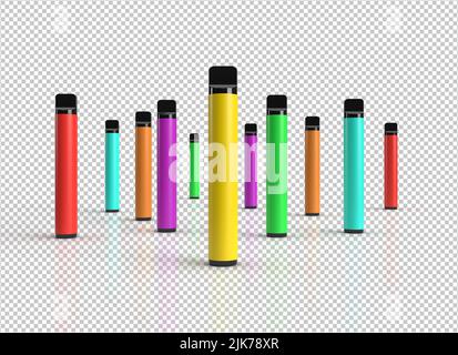 Penna monouso vape stick scena isolato su uno sfondo bianco con etichette colorate per spazio di copia. 3D rappresentazione illustrazione. Foto Stock