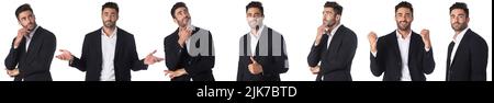 Set raccolta di ritratti di un bel uomo d'affari che mostra diverse emozioni isolate su sfondo bianco Foto Stock
