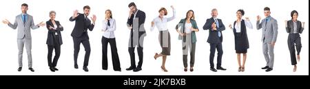 Set raccolta di ritratti di molti uomini d'affari che mostrano diverse emozioni isolate su sfondo bianco Foto Stock