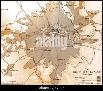 Una vecchia mappa che mostra la crescita della città di Londra 1600-1900 Foto Stock