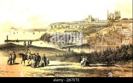 Una vecchia incisione di Whitby, North Yorkshire, che mostra il lato est della città dalla West Cliff, prima del taglio del passo di Khyber Foto Stock