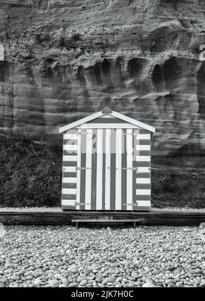 Una singola capanna da spiaggia solita sul singolo di una spiaggia di Devon Foto Stock