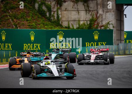 Budapest, Ungheria. 31st luglio 2022. #44 Lewis Hamilton (GBR, Mercedes-AMG Team Petronas F1), #3 Daniel Ricciardo (AUS, McLaren Team F1), #18 Lance Roll (CAN, Aston Martin Aramco Cognizant Team F1), #24 Guanyu Zhou (CHN, Alfa Romeo Team F1 ORLEN), Gran Premio d'Ungheria F1 all'Hungaroring il 31 luglio 2022 a Budapest. (Foto di ALTO DUE) credito: dpa/Alamy Live News Foto Stock