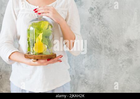 protezione della natura la donna lascia la cupola di esposizione di vetro Foto Stock