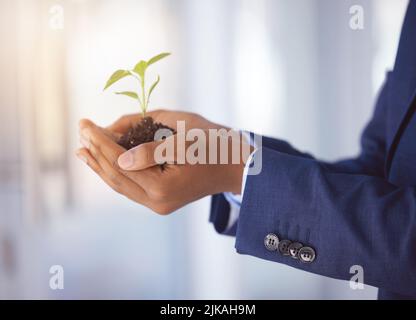 Per una volta, non domandarsi mai che cosa il theyre degno. Colpo di un uomo d'affari irriconoscibile che tiene una pianta che cresce dal suolo. Foto Stock