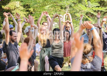 WOMAD TORNA PER TRIONFANTE 40th ANNI brasiliana Capoeira sessioni nel bellissimo arboreto ambiente a Charlton Park. • • 40.000 festeggiatori hanno partecipato al 40th anniversario della WOMAD durante i 4 giorni di stravaganza hanno visto Fatoumata Diawara, Angelique Kidjo, Kae Tempest, le labbra fiamme, Cimapunk, Fantastic Negrito, Gilberto Gil & Family e Lianne la Havas prendono le tappe • WOMAD riflette in 40 anni: 300 festival mondiali che si estendono su sei continenti per un totale di 10.000 artisti e milioni di educatori. WOMAD, Charlton Park, 28-31 luglio 2022: WOMAD tornò nel Wiltshire per celebrare la sua nascita nel 40th Foto Stock