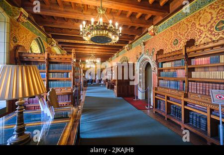 Grande lampadario e file di libri su librerie. Nella biblioteca riccamente decorata al Castello di Cardiff a Cardiff, Galles, Regno Unito. Foto Stock