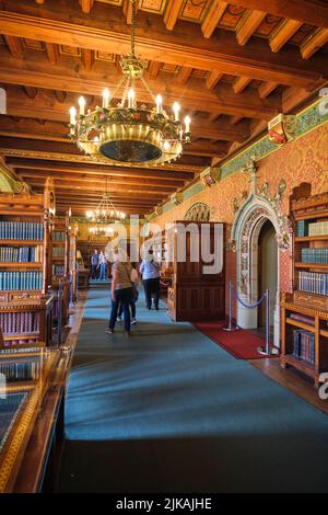 Grande lampadario e file di libri su librerie. Nella biblioteca riccamente decorata al Castello di Cardiff a Cardiff, Galles, Regno Unito. Foto Stock