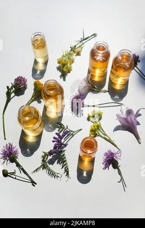 Selezione di oli essenziali, con erbe e fiori su sfondo bianco. Vista dall'alto Foto Stock