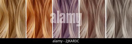 Campioni di colore per tinture per capelli. Tavolozza dei colori dei capelli con una varietà di campioni. Foto Stock