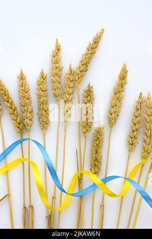 Spikelets di grano e nastri in colori della bandiera Ucraina su sfondo chiaro. Concetto di scarsità di cibo globale a causa della guerra in Ucraina Foto Stock