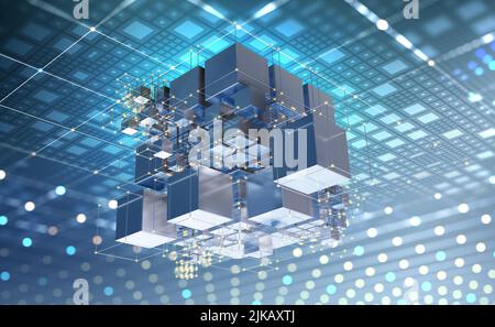 Blockchain, big data, elaborazione dati, database cloud. Virtualità e intelligenza artificiale. Blocchi di informazioni, digitale, finanziario, tecnologie internet. 3D illustri Foto Stock