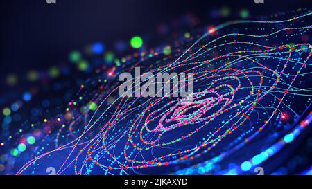 Big data. Tecnologie aziendali e digitali. Flusso di dati in un sistema sicuro. Sistemi wireless, globalizzazione. Analisi dei dati, tecnologia blockchain. 3D Foto Stock