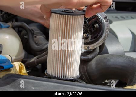 Il tecnico cambia il filtro dell'auto, il ricambio dell'auto. Concetto di servizio auto. Attenzione selettiva Foto Stock