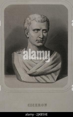 Marcus Tullius Cicero (106 AC-43 AC). Statista, filosofo, scrittore e oratore romano. Incisione di Geoffroy. "Historia Universal", di César Cantú. Volume VIII. 1858. Autore: Charles Geoffroy (1819-1882). Incisore francese. Foto Stock