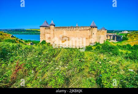 I fiori e le erbe selvatiche, che ondeggiano nel vento, di fronte alla fortezza medievale di Khotyn, situata sulla riva del fiume Dniester, Ucraina Foto Stock