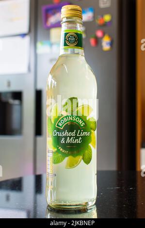 Robinsons schiacciato Lime e Mint Cordial concentrato bevanda in una bottiglia su un piano di cucina Foto Stock