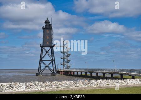 Nordsee, Mare del Nord, Meer, Wasser, Dorum, Neufeld, Faro, Obererversand, Leuchtturm, Niedersachsen, bassa sassonia, cielo, Foto Stock