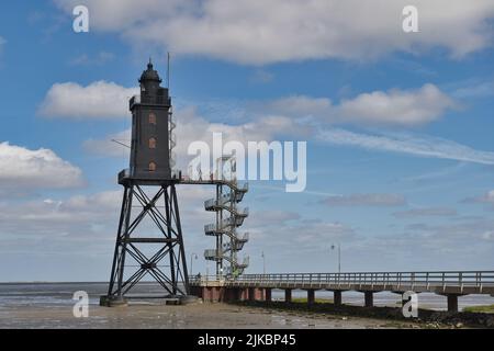 Nordsee, Mare del Nord, Meer, Wasser, Dorum, Neufeld, Faro, Obererversand, Leuchtturm, Niedersachsen, bassa sassonia, cielo, Foto Stock