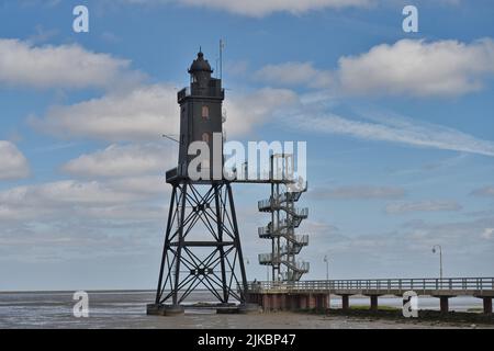 Nordsee, Mare del Nord, Meer, Wasser, Dorum, Neufeld, Faro, Obererversand, Leuchtturm, Niedersachsen, bassa sassonia, cielo, Foto Stock