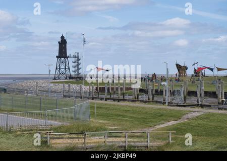 Nordsee, Mare del Nord, Meer, Wasser, Dorum, Neufeld, Faro, Obererversand, Leuchtturm, Niedersachsen, bassa sassonia, cielo, Foto Stock