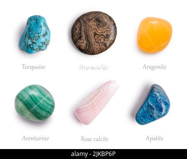 Stromatolite, apatite, calcite di rosa, aventurina, aragonite, e pietra naturale turchese isolata su sfondo bianco Foto Stock